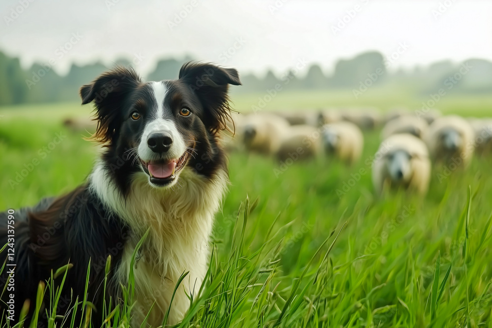 A border collie stands proudly in a lush green pasture, a flock of sheep subtly visible in the background, showcasing the dog's herding instincts and serene countryside setting. A border collie stands proudly in a lush green pasture, a flock of sheep subtly visible in the background, showcasing the dog's herding instincts and serene countryside setting.