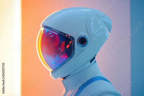 A futuristic astronaut helmet with a vibrant nebula reflected in its visor, symbolizing space exploration. photo