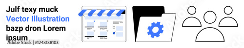 Online store page with storefront awning, black folder containing blue gear, and outline of three people symbolizing teamwork. Ideal for e-commerce, business, marketing, collaboration, project