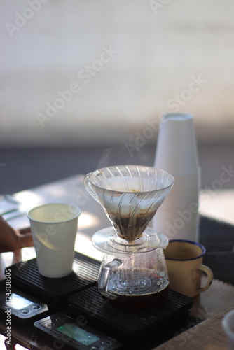 Hot Water Pours into Coffee Dripper Brewing Quickly and Smoothly with Steam
