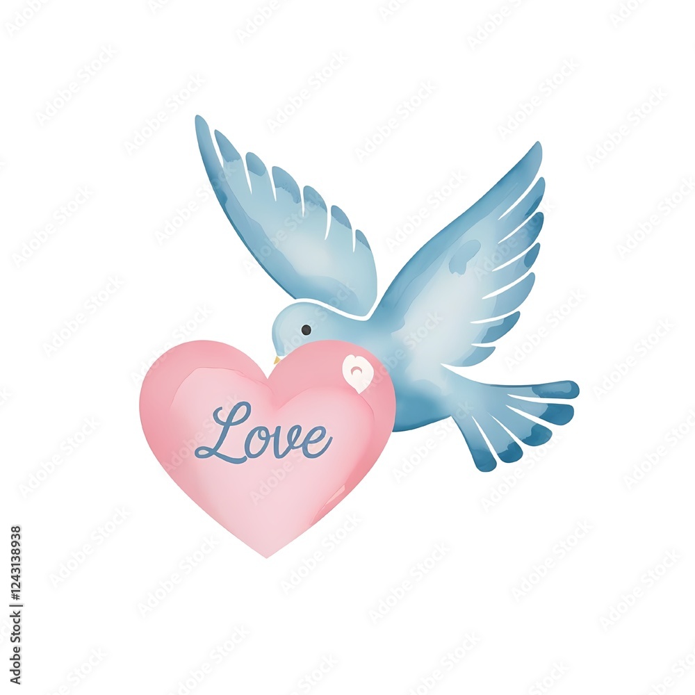 Fototapeta premium A blue dove is holding a pink heart with the word