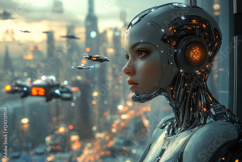 A futuristic cyborg woman gazes out at a neon cityscape, observing flying vehicles. photo