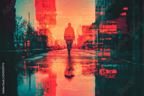 Silhouette of a person walking in a neon-lit urban street