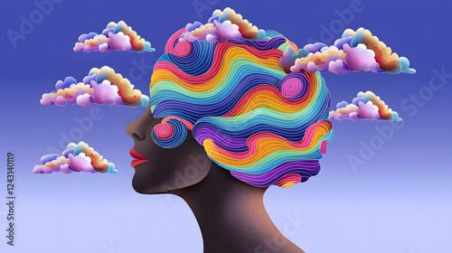 Surreal digital of a person s head with swirling colors and clouds representing the complexities and mental states associated with bipolar disorder a mood disorder that affects the mind and emotions photo