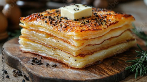 A Kosovan flija layered pancake with butter photo