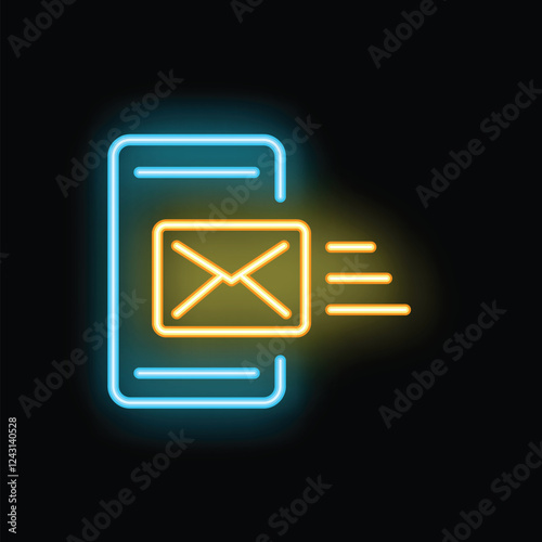 Neon sign showing an email sending from a smartphone, representing the concept of mobile communication