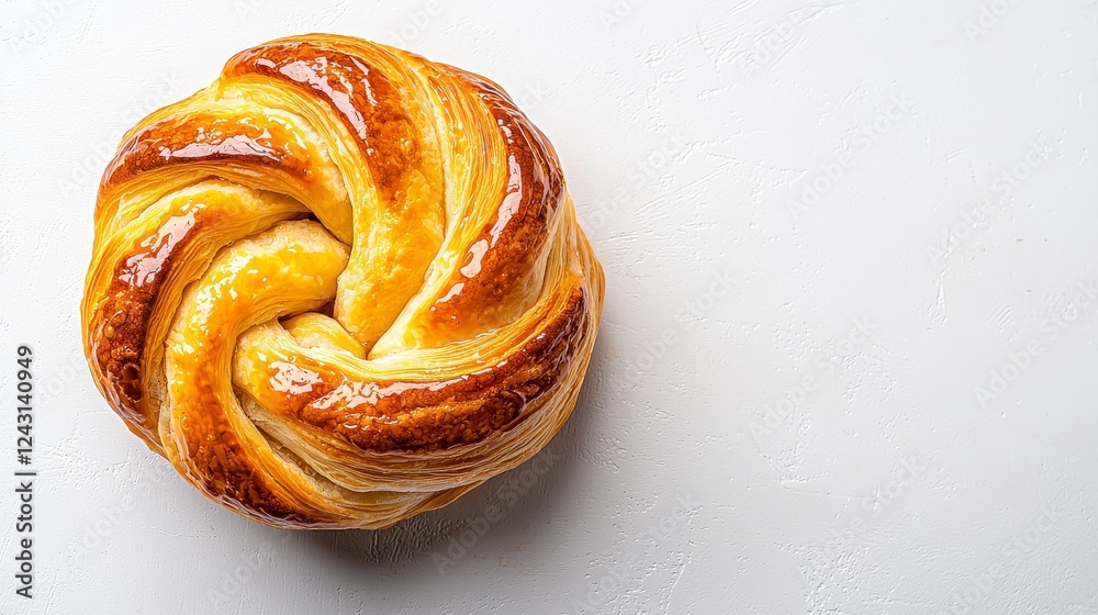 Fototapeta premium Delicious Golden Swirl Pastry on White Tabletop Background