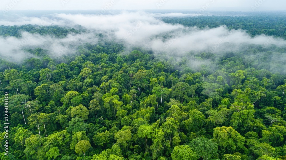 Enchanting aerial view of lush green forests with soft fog rolling over nature landscape tranquil environment