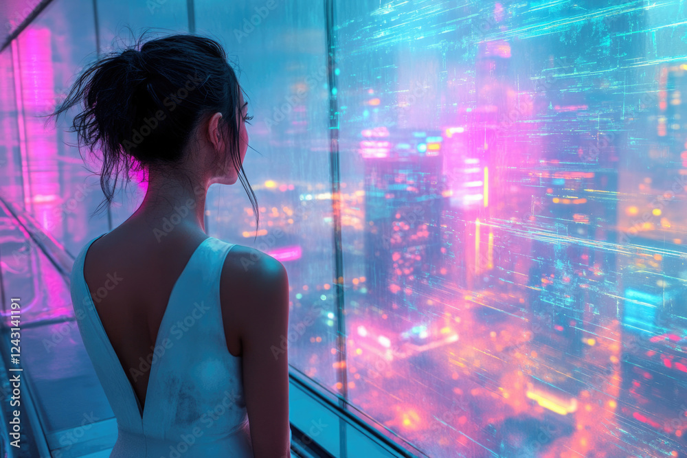 Woman in white dress gazes at a vibrant, futuristic cityscape at night, lost in thought. Woman in white dress gazes at a vibrant, futuristic cityscape at night, lost in thought.
