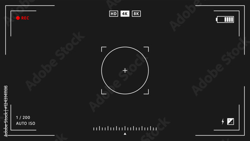 Camera viewfinder overlay. Video camera viewfinder on black background. Video camera viewfinder display frame for recording video and photos. Recording camera screen with indicators and frame. Vector