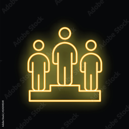 Neon icon of three businessmen standing on a podium, representing success and competition