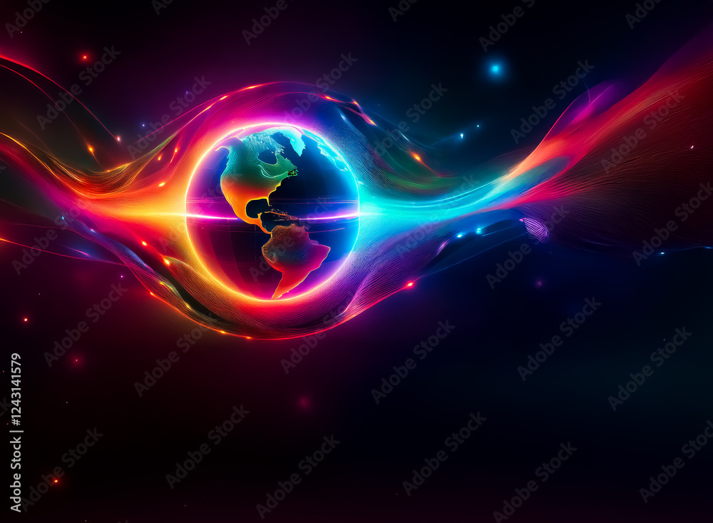 Vibrant globe encircled by flowing, luminous energy streams against a backdrop of deep space and twinkling stars. A radiant and dynamic scene.