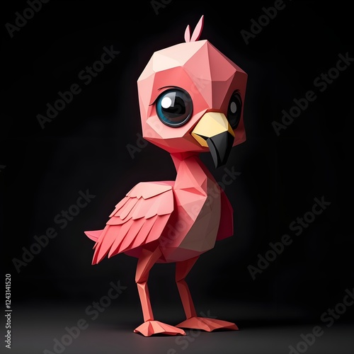 Stylized paper flamingo chick, origami-inspired animal art, geometric patterns, big eyes, cute cartoon character, pink feathers, 3D papercraft, black background, detailed textures, playful pose, symme