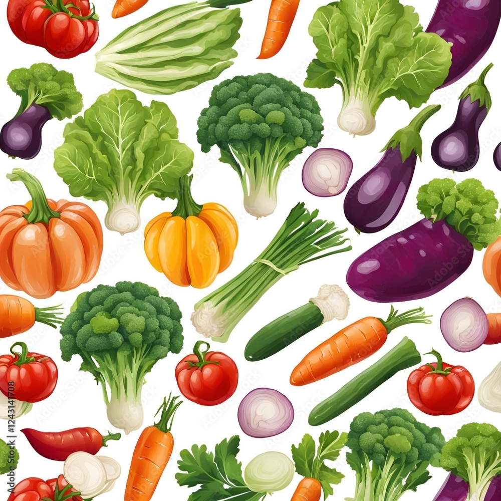 Seamless Pattern of Fresh Vegetables: Broccoli, Carrots, Eggplants, Lettuce, Tomatoes, and More.. Seamless Pattern of Fresh Vegetables: Broccoli, Carrots, Eggplants, Lettuce, Tomatoes, and More..