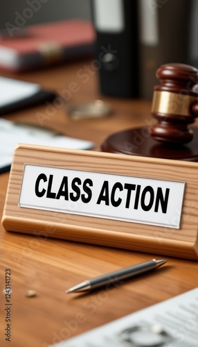 Class Action Lawsuit Concept: Gavel and Sign on a Wooden Desk