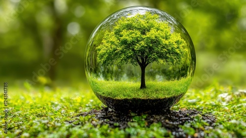 Flourishing green tree on globe nature symbolism tranquil environment close-up view environmental concept photo