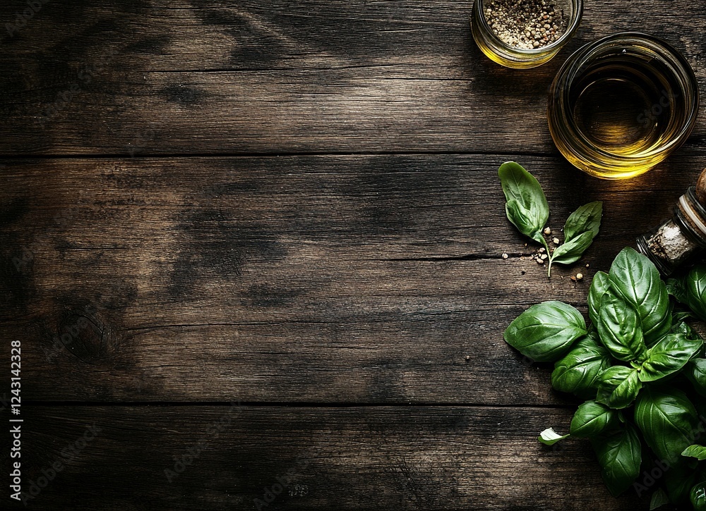 Dark wooden background with oil, basil, and other cooking ingredients on the right side of the image. Top view. Free space for your text or design. Background banner with copy space.