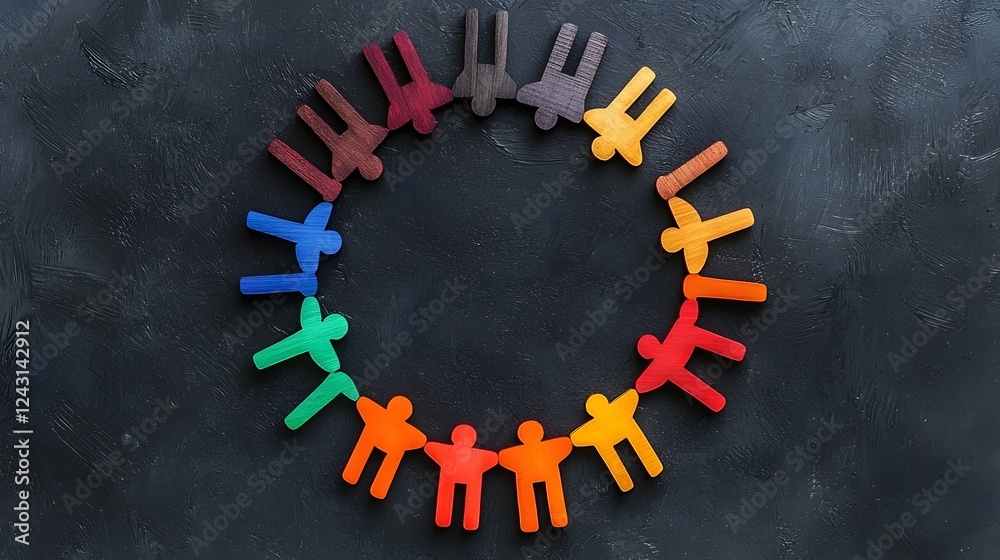 Vibrant Arrangement of Wooden Figures Forming a Circular Formation Representing the Concept of Collaborative Harmony