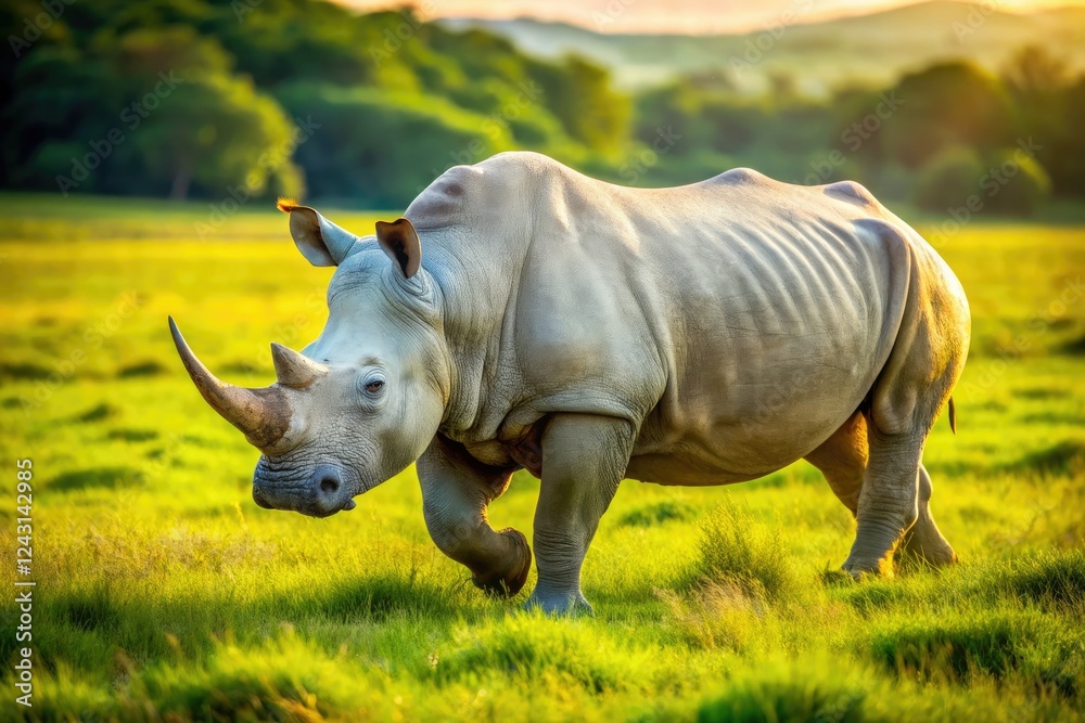 Obraz premium Endangered white rhino grazes, a poignant image from an African wildlife documentary.
