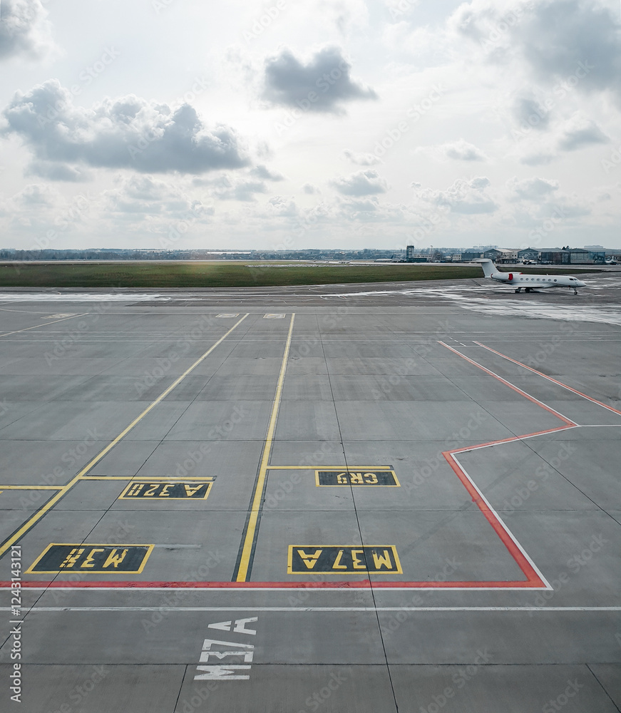 Fototapeta premium Empty airport apron near terminal - parking lot for airplanes. View of the empty apron from the second floor of airport terminal. 