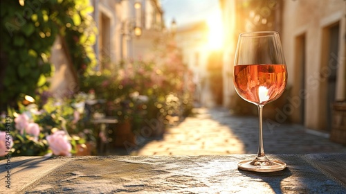 Glass of rosewine on a terrace overlooking a sunlit European street.