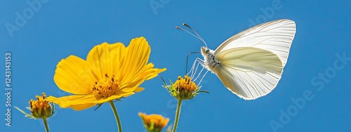 Photo of a butterfly on yellow flowers against the blue sky

