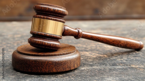 Dramatic closeup of judge's gavel held aloft over standard courtroom legal photography serious environment low angle
