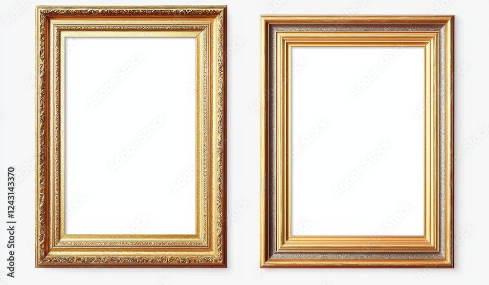 Two golden empty frames hanging on a white wall Two golden empty frames hanging on a white wall