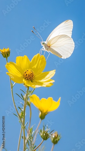Photo of a butterfly on yellow flowers against the blue sky
