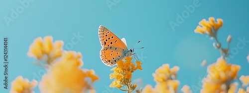 Photo of a butterfly on yellow flowers against the blue sky
