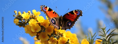 Photo of a butterfly on yellow flowers against the blue sky
