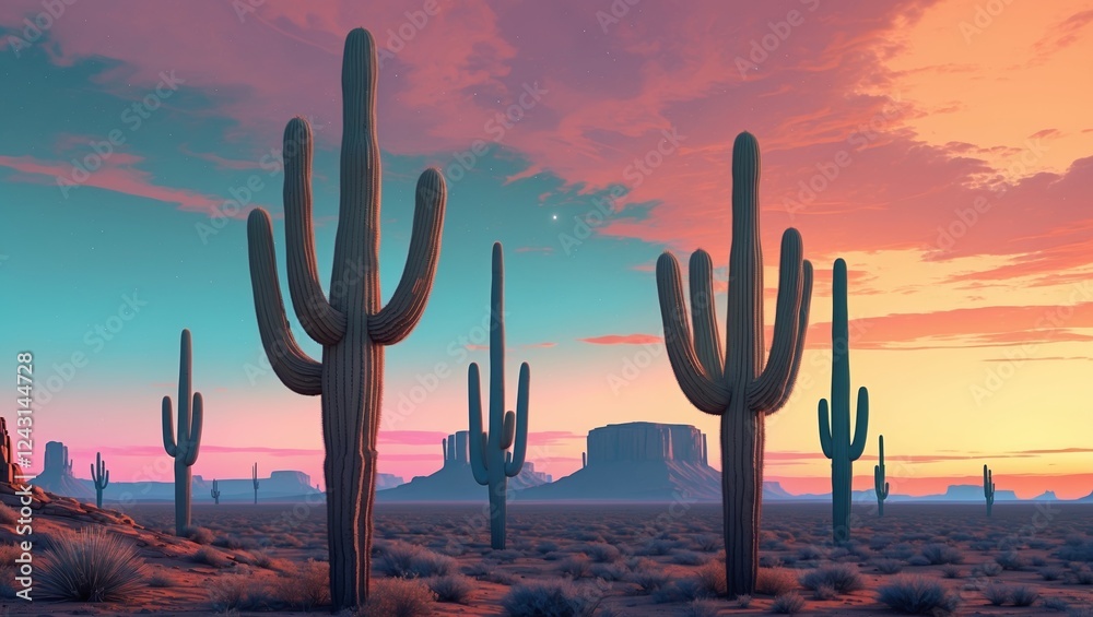 Desert landscape with towering cacti and a vibrant sunset over distant mountains just before nightfall Desert landscape with towering cacti and a vibrant sunset over distant mountains just before nightfall