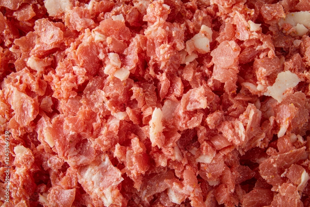 Raw minced meat texture close-up with pink tones. AI image Raw minced meat texture close-up with pink tones. AI image
