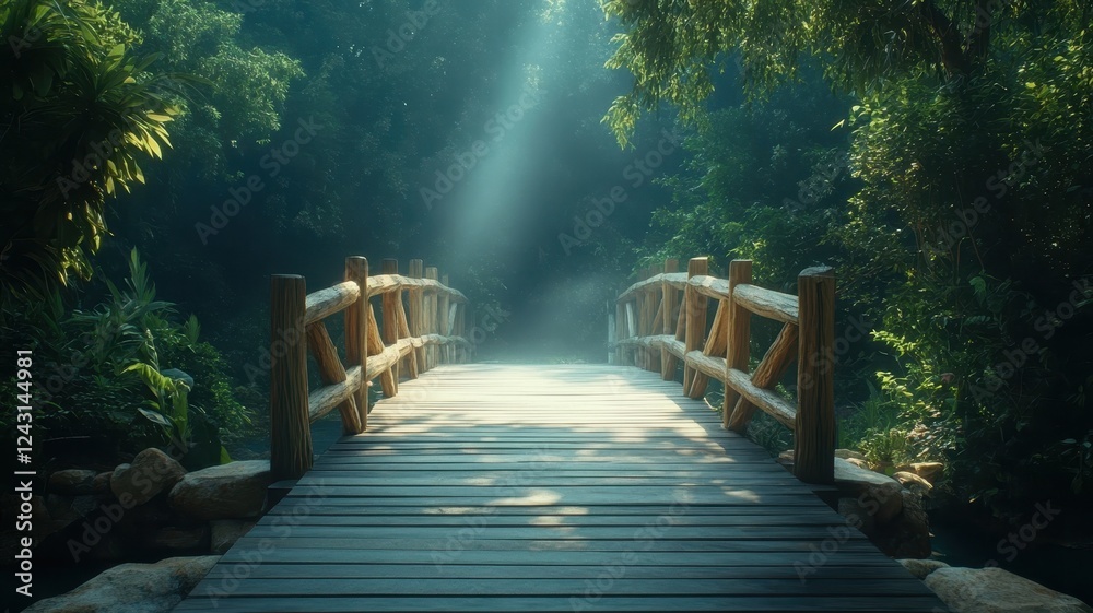 Fototapeta premium Tranquil wooden bridge journey through lush rainforest nature scene serene environment captured from above