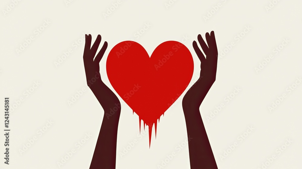 Abstract minimalist illustration of two hands lifting a red heart with a dripping effect. Symbolizes love, care, compassion, and emotional connection.
Abstract minimalist illustration of two hands lifting a red heart with a dripping effect. Symbolizes love, care, compassion, and emotional connection.