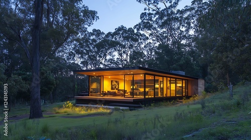 Illuminated Modern Cabin nestled in a serene forest at Dusk