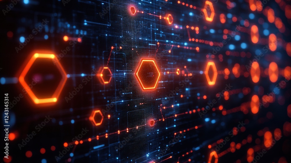 Abstract digital background featuring glowing hexagons and interconnected lines in vibrant colors Abstract digital background featuring glowing hexagons and interconnected lines in vibrant colors