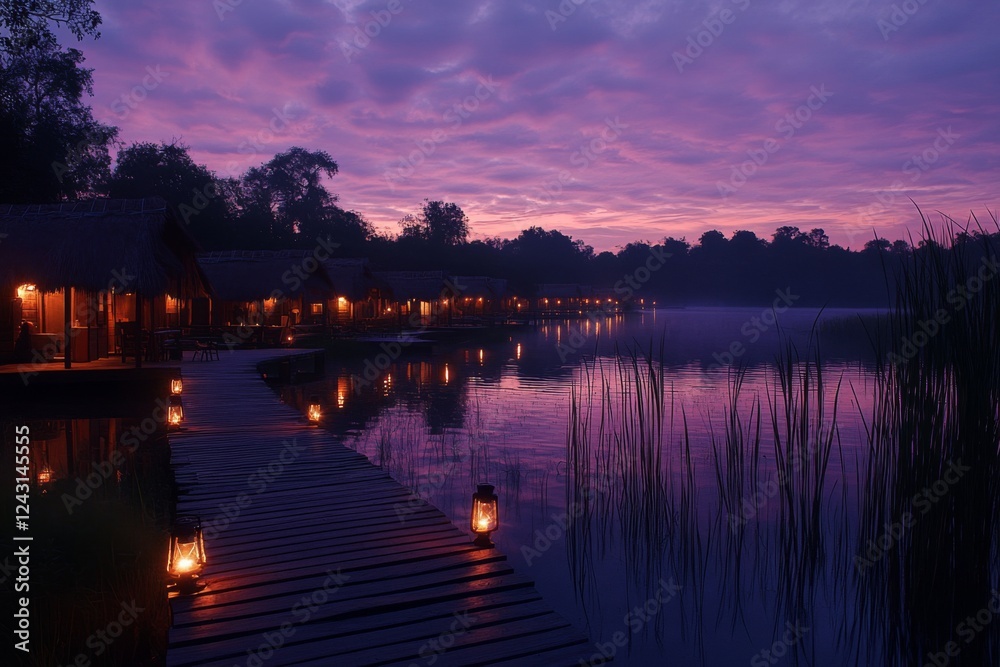 Peaceful lake at sunset with warm glowing reflections Peaceful lake at sunset with warm glowing reflections