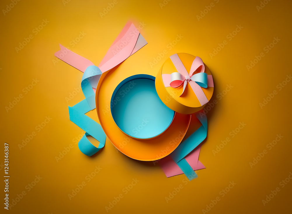 Obraz premium A yellow gift box with a pink bow is open on a vibrant yellow background. Colorful pink and blue ribbons are swirling around the box creating a festive scene.