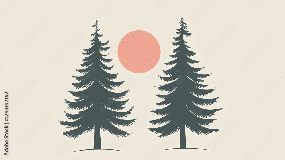 Obraz premium Stylized illustration of two evergreen trees with a minimalistic sun in the background, evoking tranquility and nature.