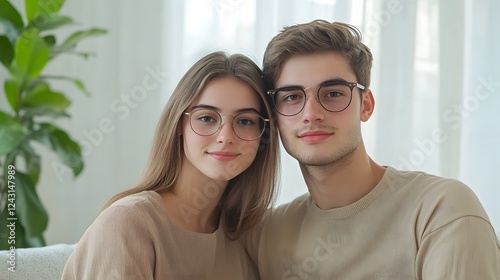 A young woman with brown hair and glasses wearing an elegant beige top is sitting on the couch next to her boyfriend
