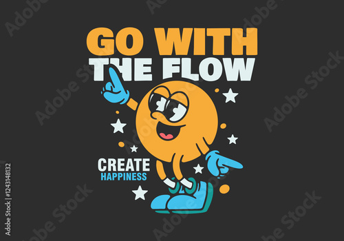 Happy character in dance pose, dark background. Good for sticker print