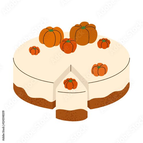 Isolated sponge cake with delicate souffle decorated with small sweet pumpkins in flat style on white backdrop. Colorful template for decoration. Vector illustration