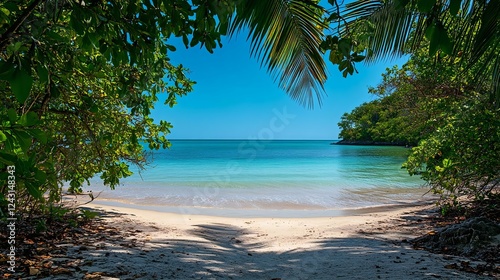 Tranquil tropical beach view framed by lush greenery under a clear blue sky, inviting tranquility and relaxation.