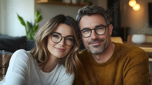 A young woman with brown hair and glasses wearing an elegant beige top is sitting on the couch next to her boyfriend
