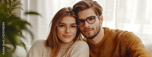 A young woman with brown hair and glasses wearing an elegant beige top is sitting on the couch next to her boyfriend
