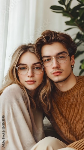A young woman with brown hair and glasses wearing an elegant beige top is sitting on the couch next to her boyfriend
