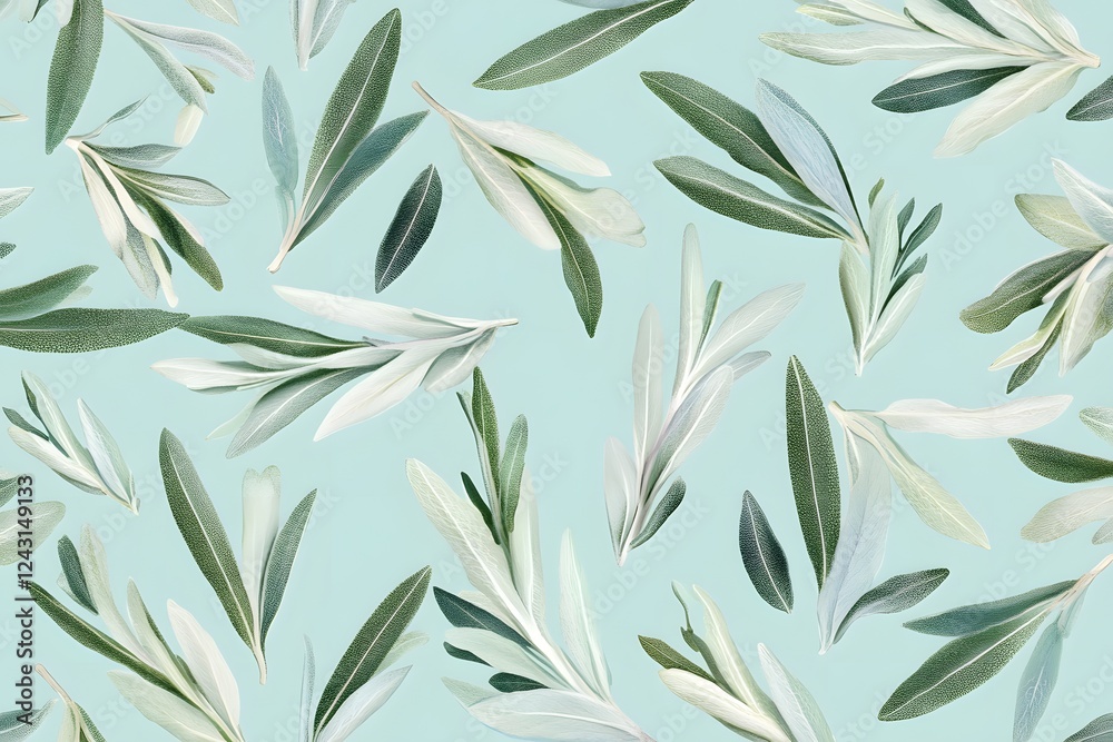 Sage Leaves Float on Aqua Background