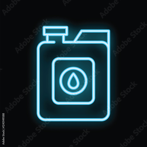 Blue neon sign depicting a jerrycan with a drop, evoking concepts like fuel, gasoline, and energy
