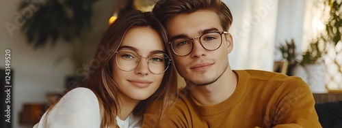 A young woman with brown hair and glasses wearing an elegant beige top is sitting on the couch next to her boyfriend
